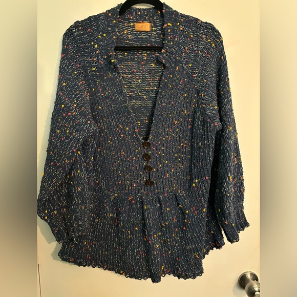 POL Womens Chunky Oversized Sweater Blue Confetti Peplum Small Button V Neck - Picture 1 of 9